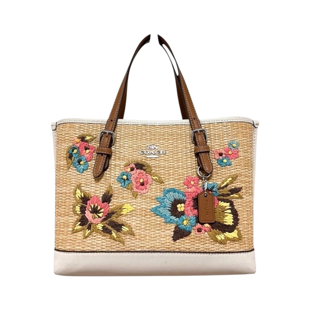 Coach Mollie Tote‎ 25 Satchel Woven Straw Floral Embroidery CJ574